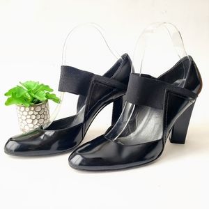 Stuart Weitzman Jet Black Mirror Leather Block Heel Pumps Size 7